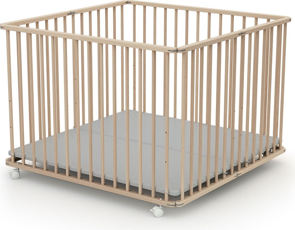 WEBABY - Laufstall Baby Faltbar Holz mit rollen und matte 100x100 Buche roh| Laufgitter baby Klappbar XXL | 3 Stufen Höhenverstellbar | Für Kinde...