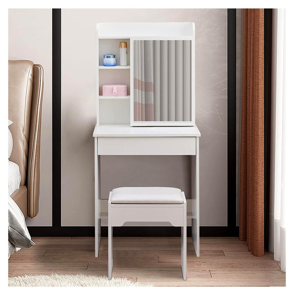 Moderner Schminktisch mit Spiegelregalen, Frisierkommode mit großer Schublade und Hocker, Möbel für das Schlafzimmer