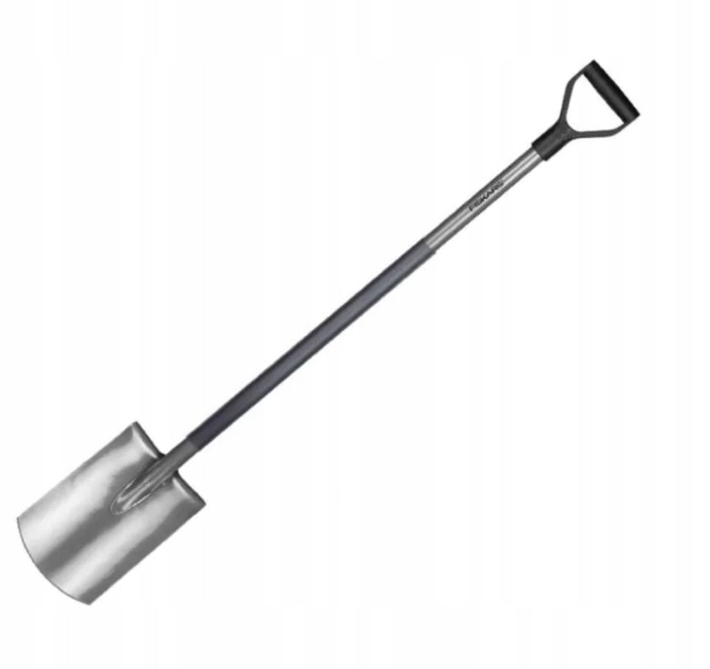 A Fiskars Ergonomic garden spade is shown against a white background.
