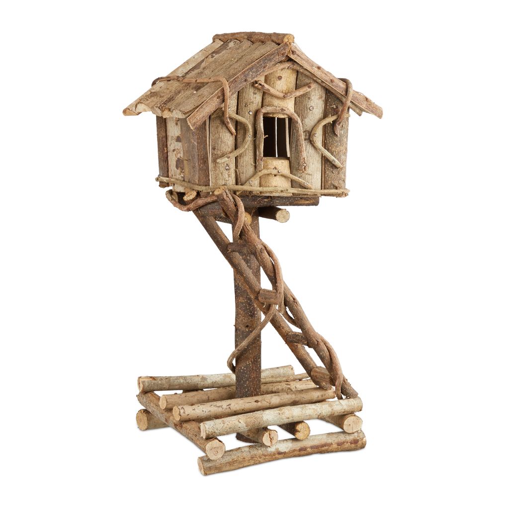 Relaxdays Vogelhaus stehend, unbehandeltes Deko Vogelhäuschen auf Ständer, handgemachtes Holzhaus mit Leiter, natur
