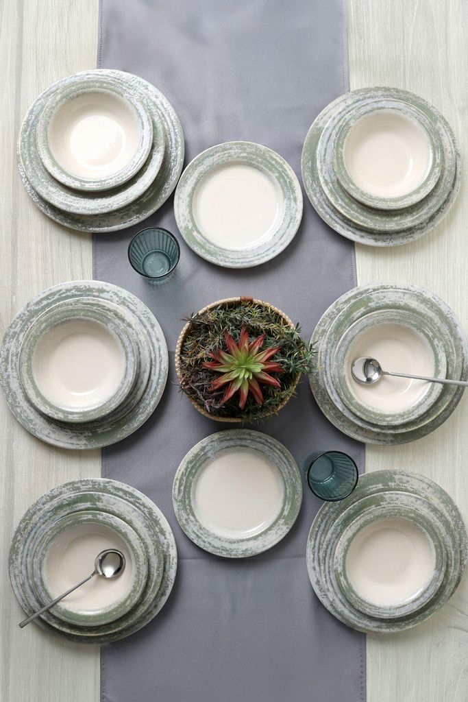 Hermia Concept, Hochwertiges 24-teiliges Dinner Set aus 100% Steinzeug, Creme und Grün | 6 Schalen (19 cm), 6 Kuchenplatten (22 cm), 6 Teller (24 ...