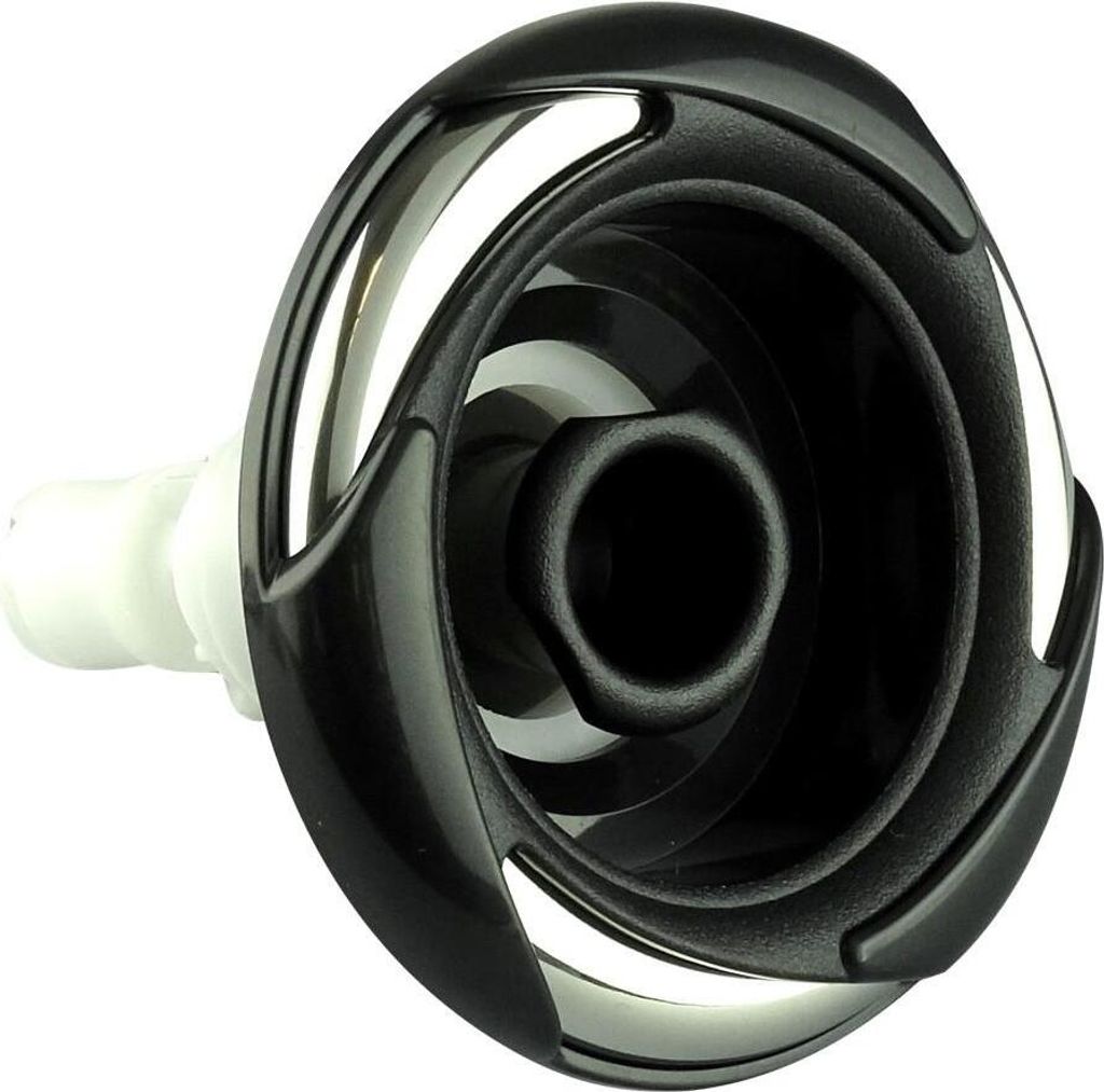 A close-up studio shot of a black and silver jet nozzle for a hot tub or spa.
