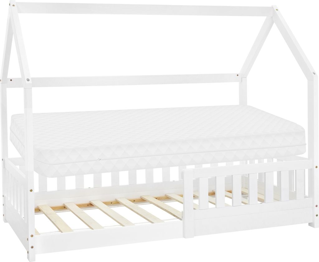 A white house-shaped bed frame with a mattress and wooden slats, shown against a white background.