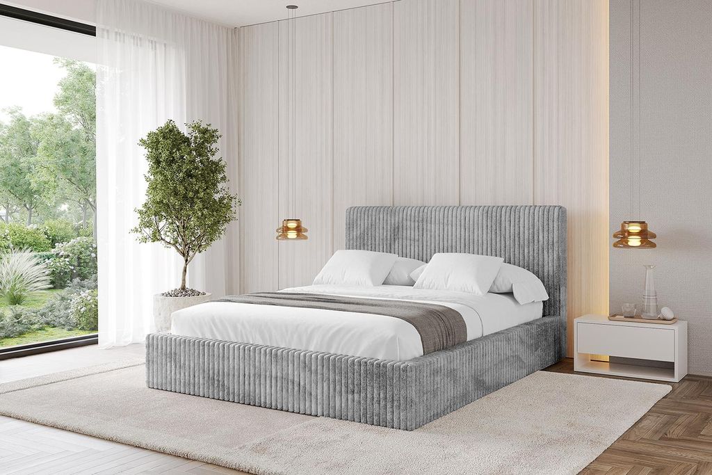 ALTDECOR Polsterbett mit Bettkasten - ALOVA-v1 - 200x200 Cord - Hellgrau - Bett mit Matratze H3/H4, Kopfteil, Boxbett, Lattenrost, Doppelbett m...
