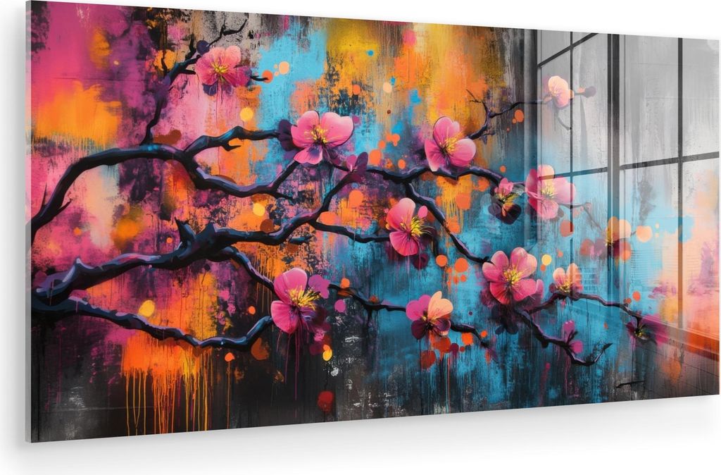 MuchoWow Glasbilder - Bilder auf Wandbild - Foto auf Glas Blumen - Zweig - Abstrakt - Rosa 80x40 cm Wanddekoration aus Glas - Acrylglasbild - Acryl...