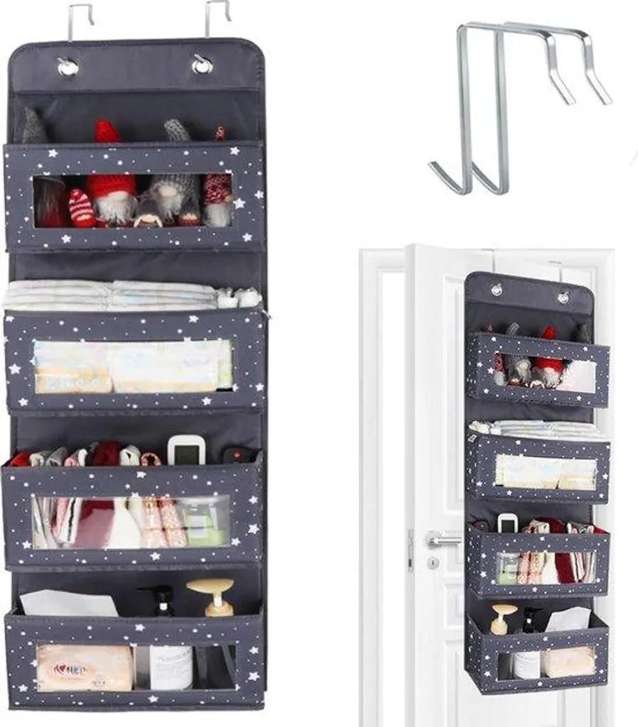 Rangement mural pliable gris multi-poches avec 2 crochets de fixation