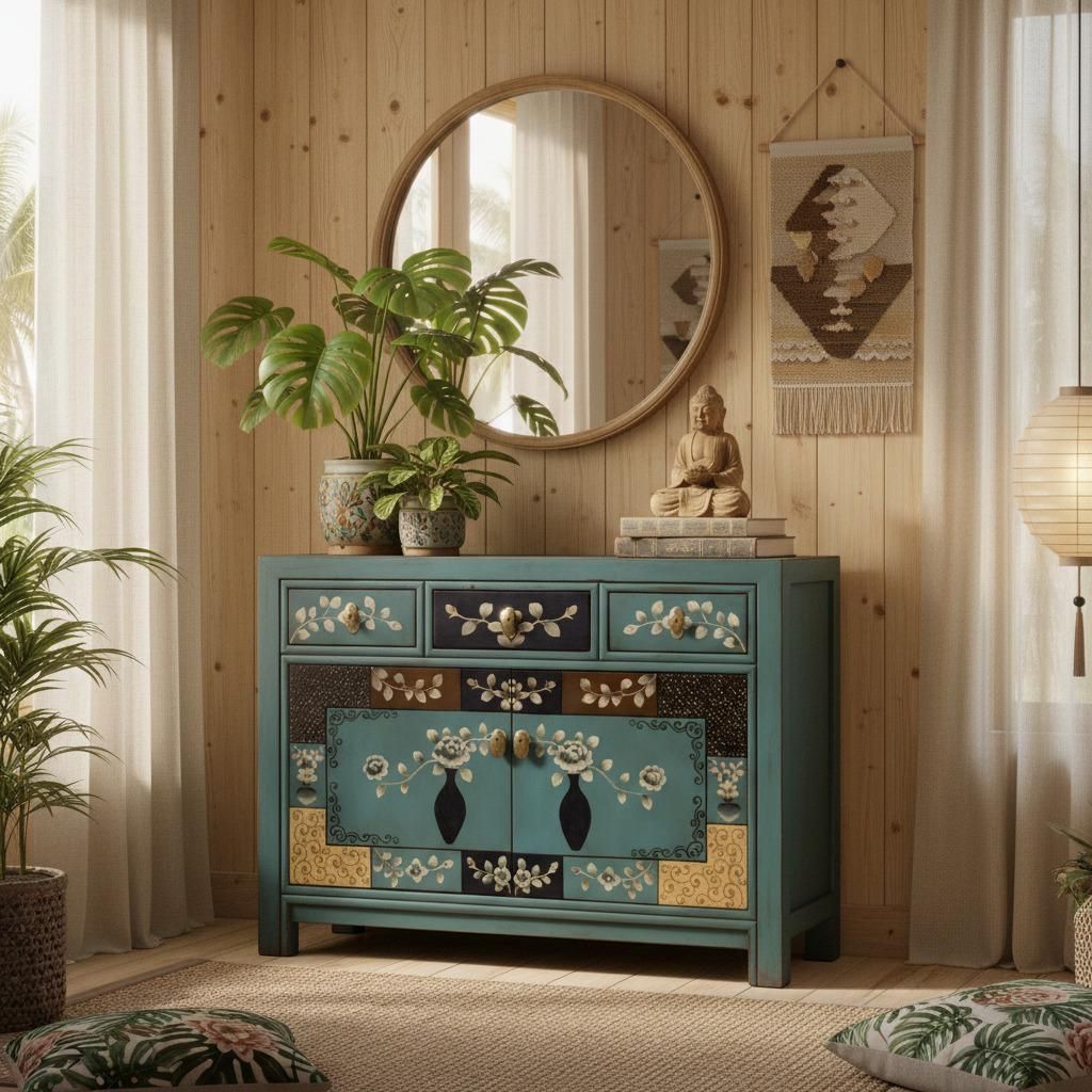 OPIUM OUTLET chinesische Kommode Sideboard Schrank Möbel orientalisch chinesisch Schränkchen Anrichte blau Shabby Chic Stil Kolonialstil vintage ...