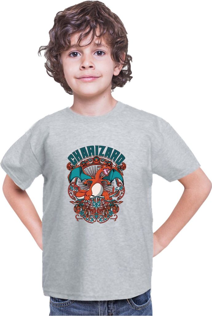 Kinder T-Shirt Japan Anime Manga Pokemon Charizard, 9-11 Jahr - 140 / Grau