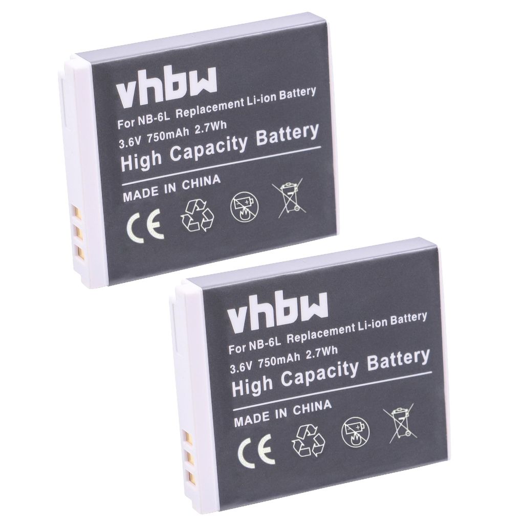 vhbw 2 x Li-Ion Akku 750mAh (3.6V) kompatibel mit Kamera Canon Powershot SX270 HS, SX280 HS, u.a. ersetzt Akkutyp NB-6L.