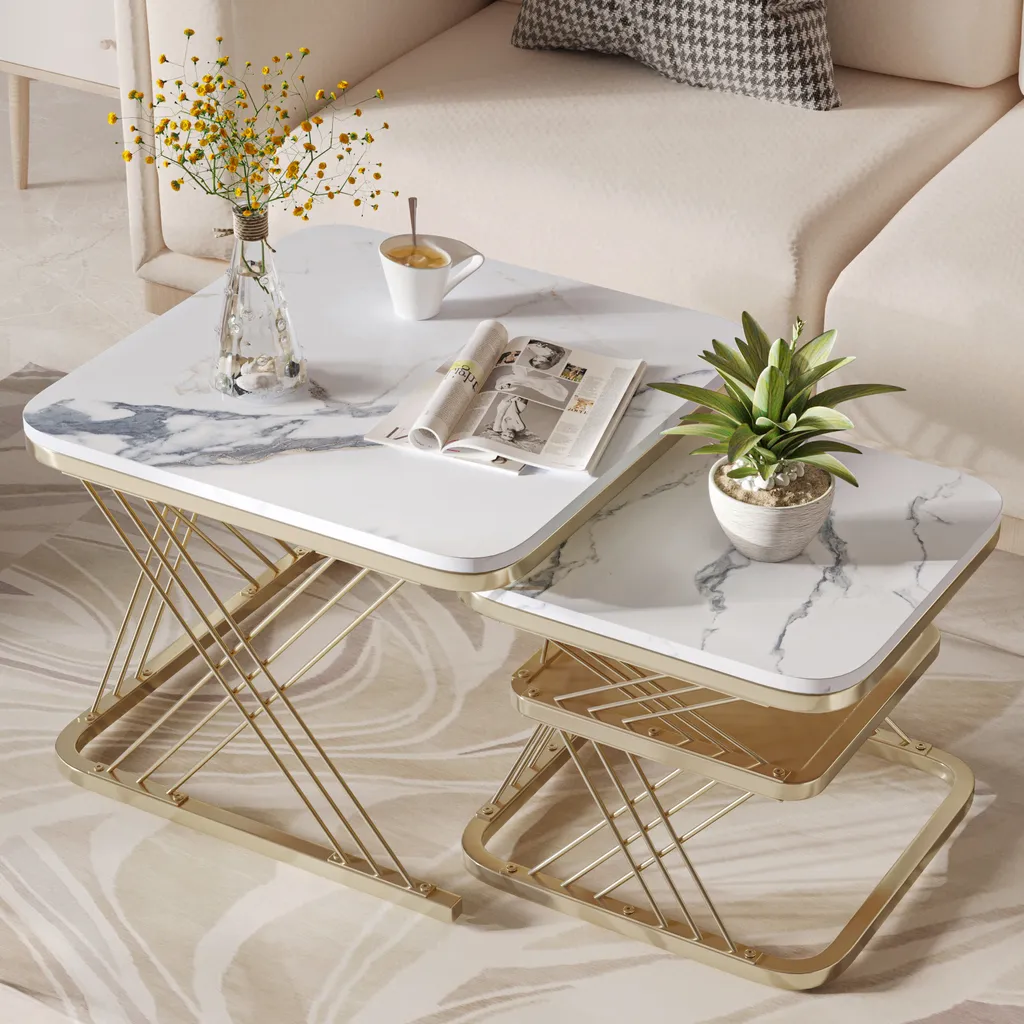Table Basse Moderne Dorée et Marbre avec Rangement - Structure Métal