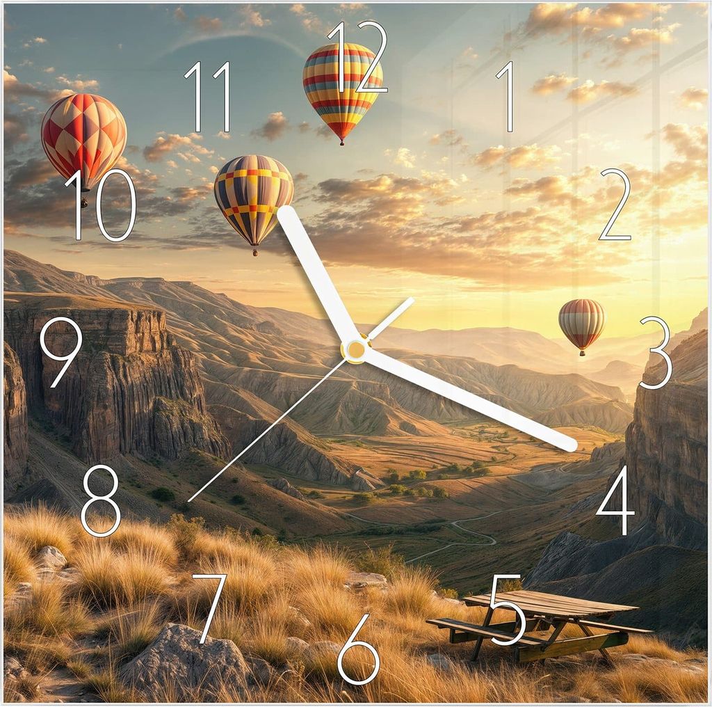 Wanduhr aus Glas mit Motiv Landschaft mit Ballons- 30 x 30 cm - inkl. Aufhängesystem