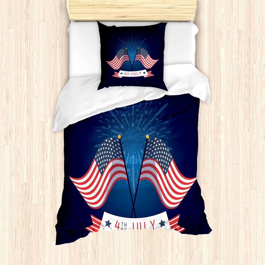 ABAKUHAUS 4. Juli Bettbezug Set, American Independence Day Thema Fahnen und Feuerwerk, Abbildung, 135 x 200 cm + 80 x 80 cm, Indigo und Mehrfarbig