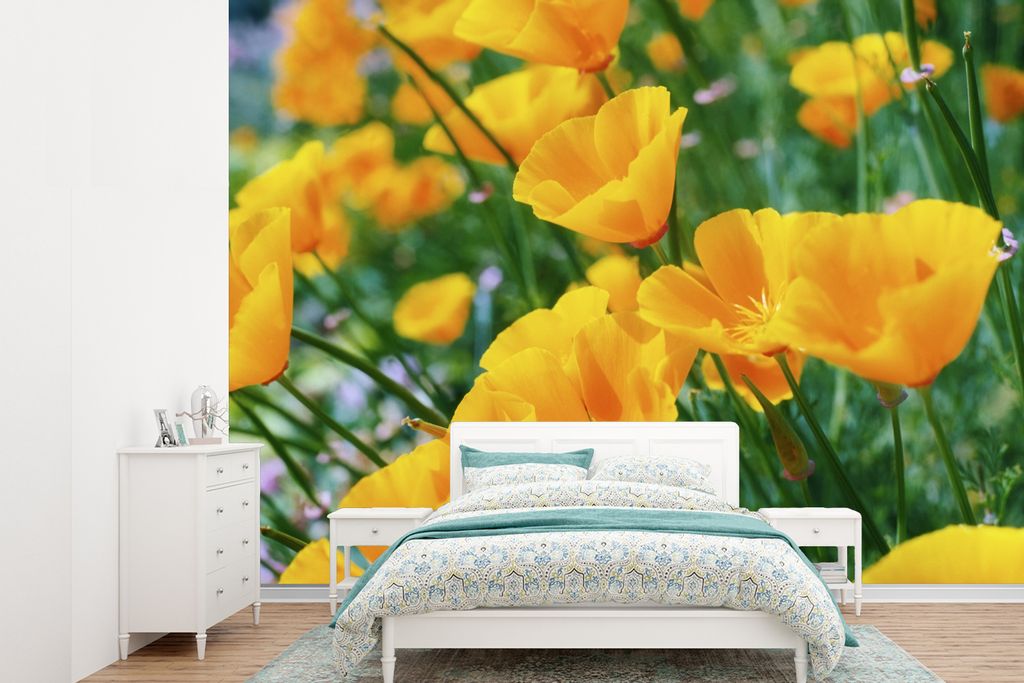 MuchoWow Fototapete für Wohnzimmer oder Schlafzimmer Wandtapete Vinyl Motivtapete Blumen - Garten - Orange - 330x240 cm - Vinyltapete