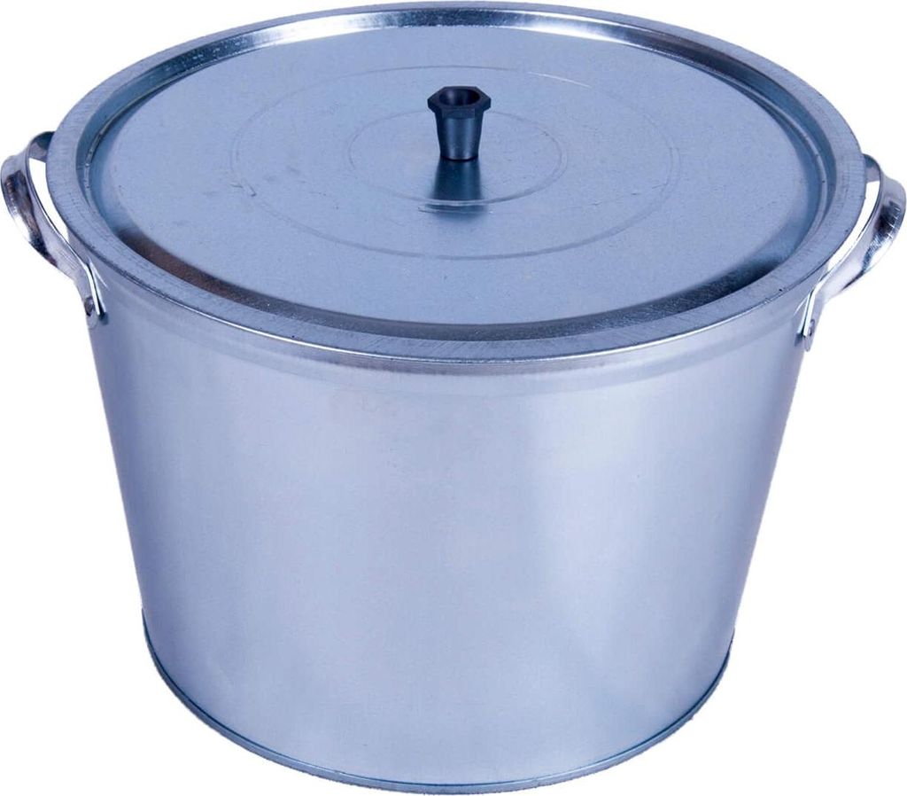 A silver metal pot with a lid and handles, isolated on a white background.