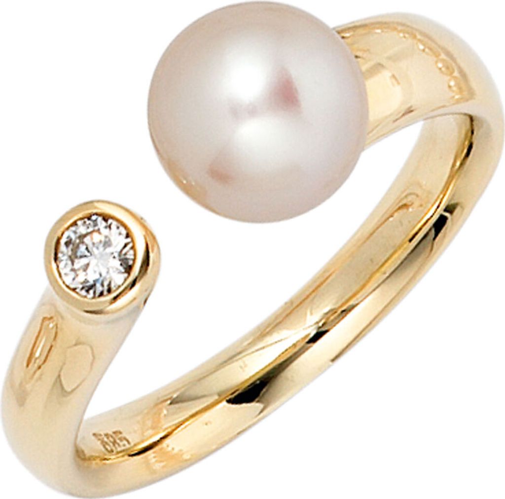 Ring Damenring aus 585 Gold Gelbgold mit Perle & Diamant Brillant Goldring Innenumfang 50mm Ø15.9mm
