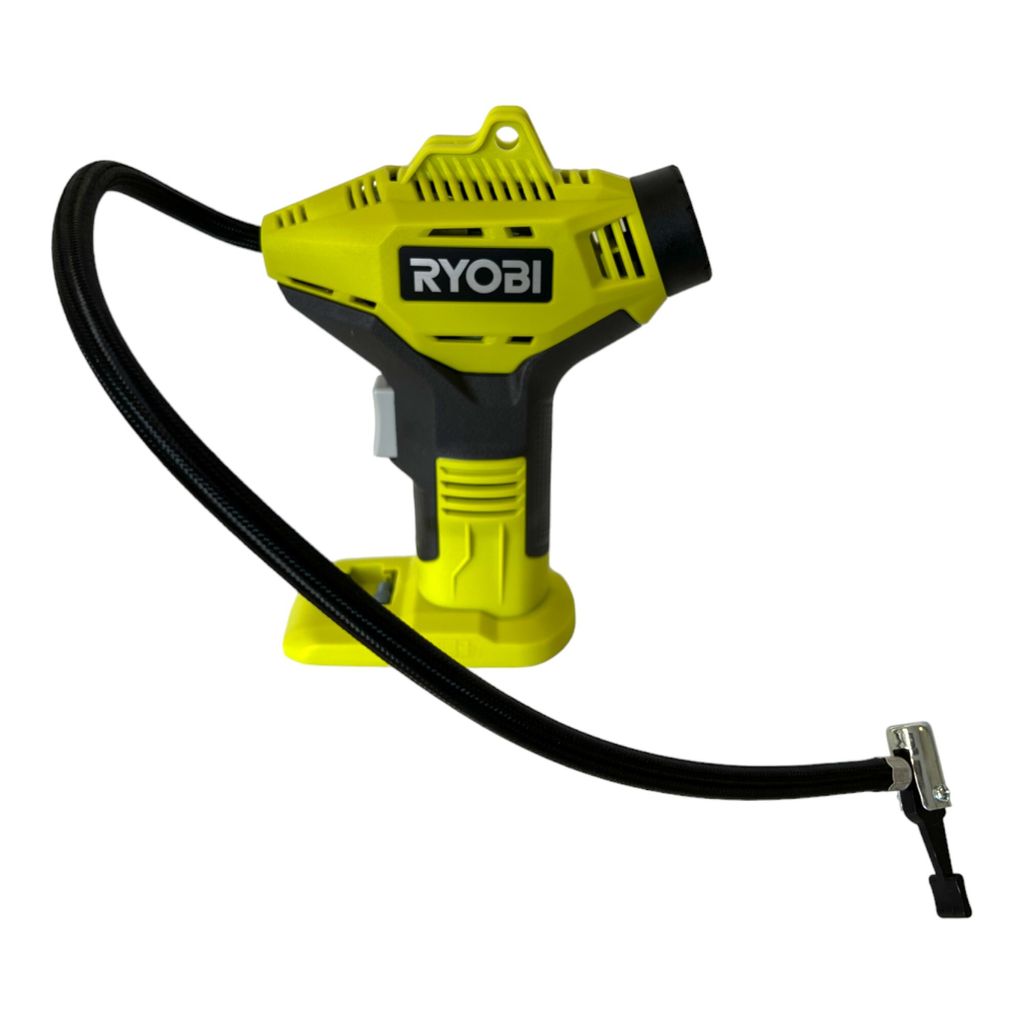 A yellow and black Ryobi battery-powered air compressor with a black hose and nozzle, isolated on a white background.