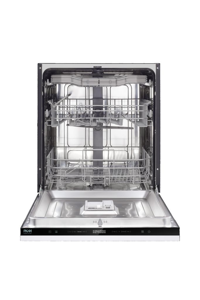 An open dishwasher with its interior racks visible, set against a white background.