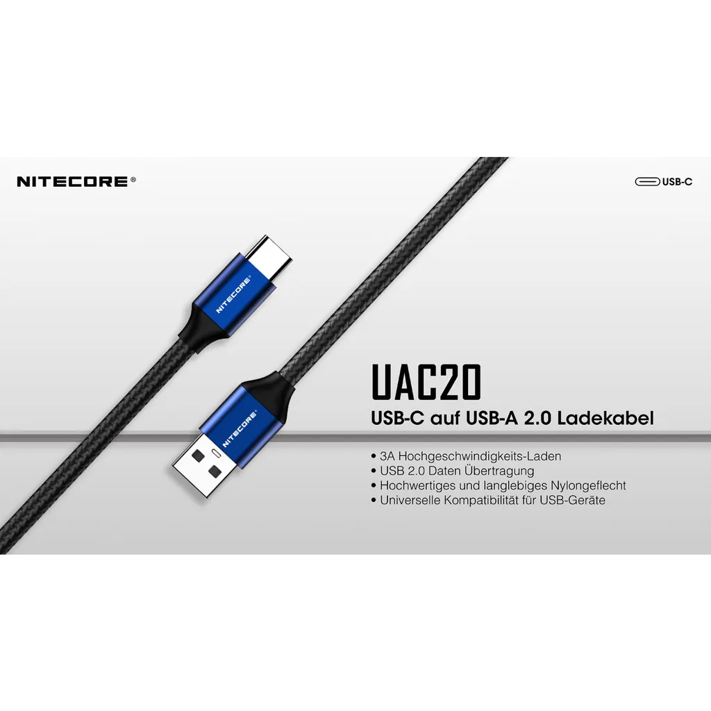 Nitecore UAC20 Câble de recharge USB-C Haute Performance 1 Mètre Noir