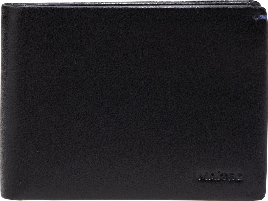 A black leather wallet is shown from the front.