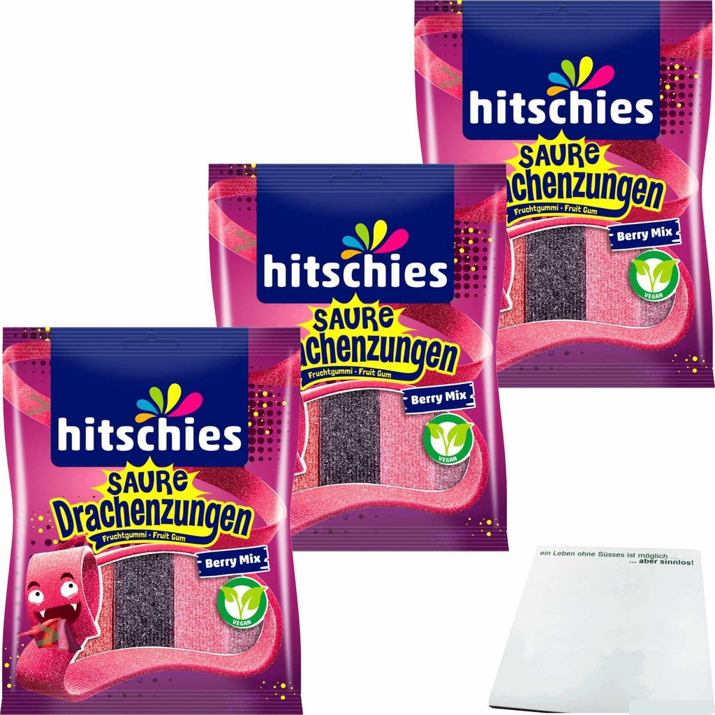 hitschies Saure Drachenzungen Berry Mix 3er Pack (3x125g Packung) + usy Block