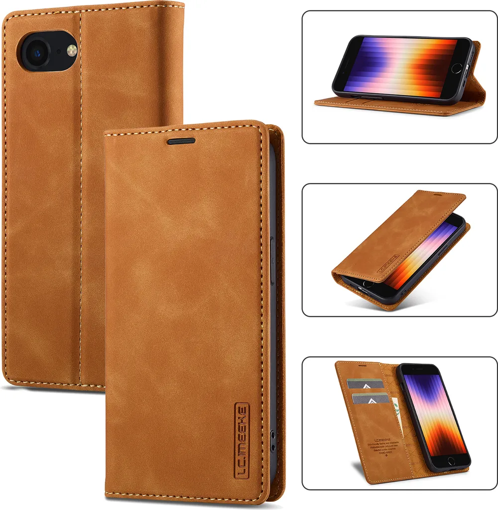 Custodia iPhone 16e in Pelle Marrone: Portafoglio e Stand Premium