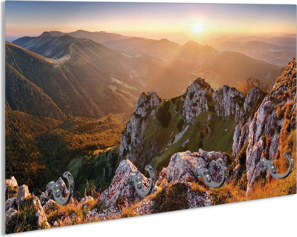 Wallario Schlüsselbrett aus Glas, Motiv: Berglandschaft mit Sonnenuntergang in der Slowakei, 30 x 20 cm mit 4 Haken