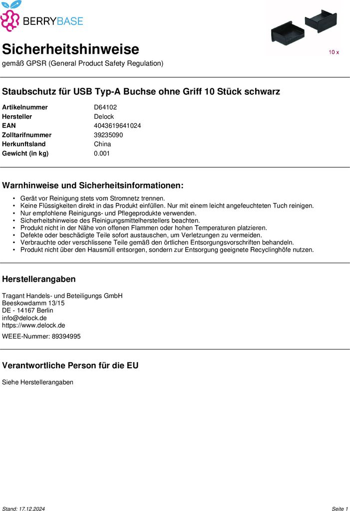 DELOCK Prachový kryt pro zásuvku USB typu A bez rukojeti Obrázek produktu 3