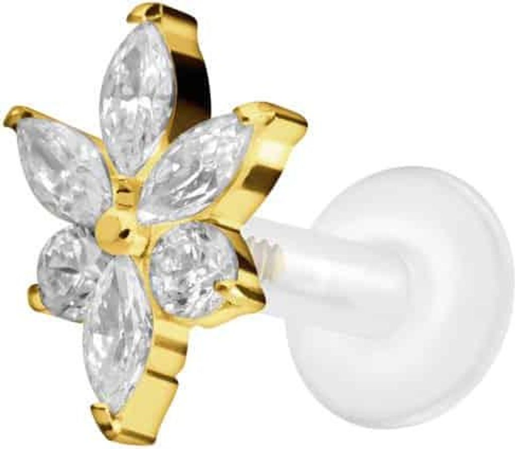 Ohrpiercing, Nasenpiercing PTFE Labret mit Innengewinde + Titan-Aufsatz KRISTALLBLUME Gold Stablänge: 6mm | Stabstärke: 1,6mm