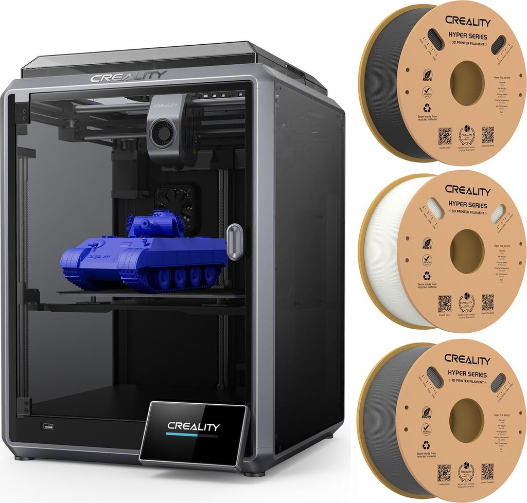 Creality K1 3D-Drucker, 600 mm/s Druckgeschwindigkeit+ 1KG Schwarz Hyper PLA-Filament+ 1KG Weiss Hyper PLA-Filament+ 1KG Grau Hyper PLA-Filament