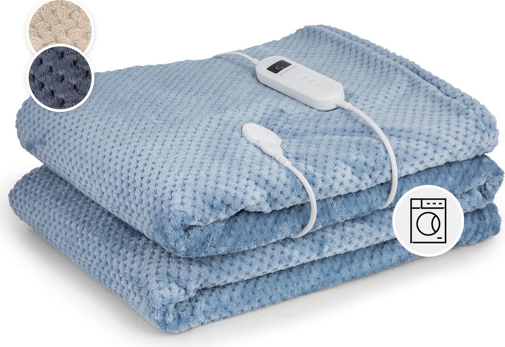 A folded blue electric blanket with a controller and two small circular insets showing fabric textures in beige and dark blue, and a washing machine icon.