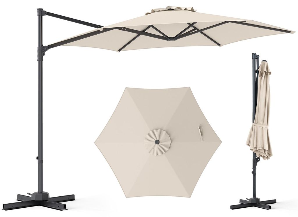 COSTWAY Sonnenschirm 300x300cm, Ampelschirm mit Kurbel, 360° drehbar, Neigungswinkel stufenlos verstellbar, großer Gartenschirm, Marktschirm Beige