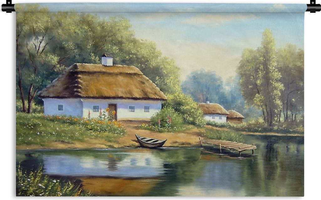 MuchoWow Wandteppich Wandbehang Malerei - Haus - Natur - Wasser - Ölfarbe 150x100 cm Tapisserie Dekoration Wandtuch - Waschbar - Tapisserien - W...