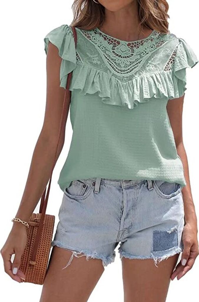 ASKSA Damen Spitze Bluse Tops Sommer Elegant Tunika Rüschen Rundhals Shirts Kurzarm Hemd, Grün, L