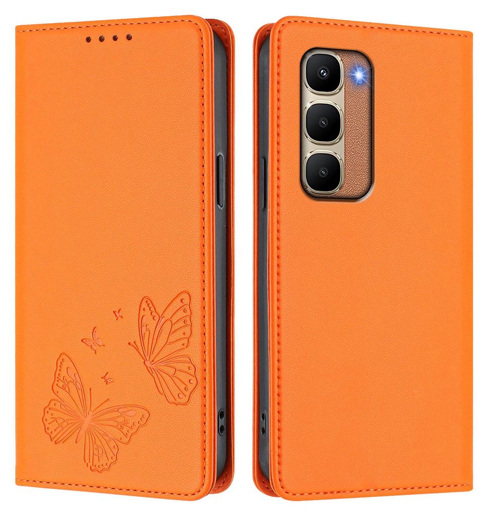 Lederhülle für Infinix Hot 70 4G, Schmetterling Prägung Leder Brieftasche Schutzhülle mit Ständer Orange