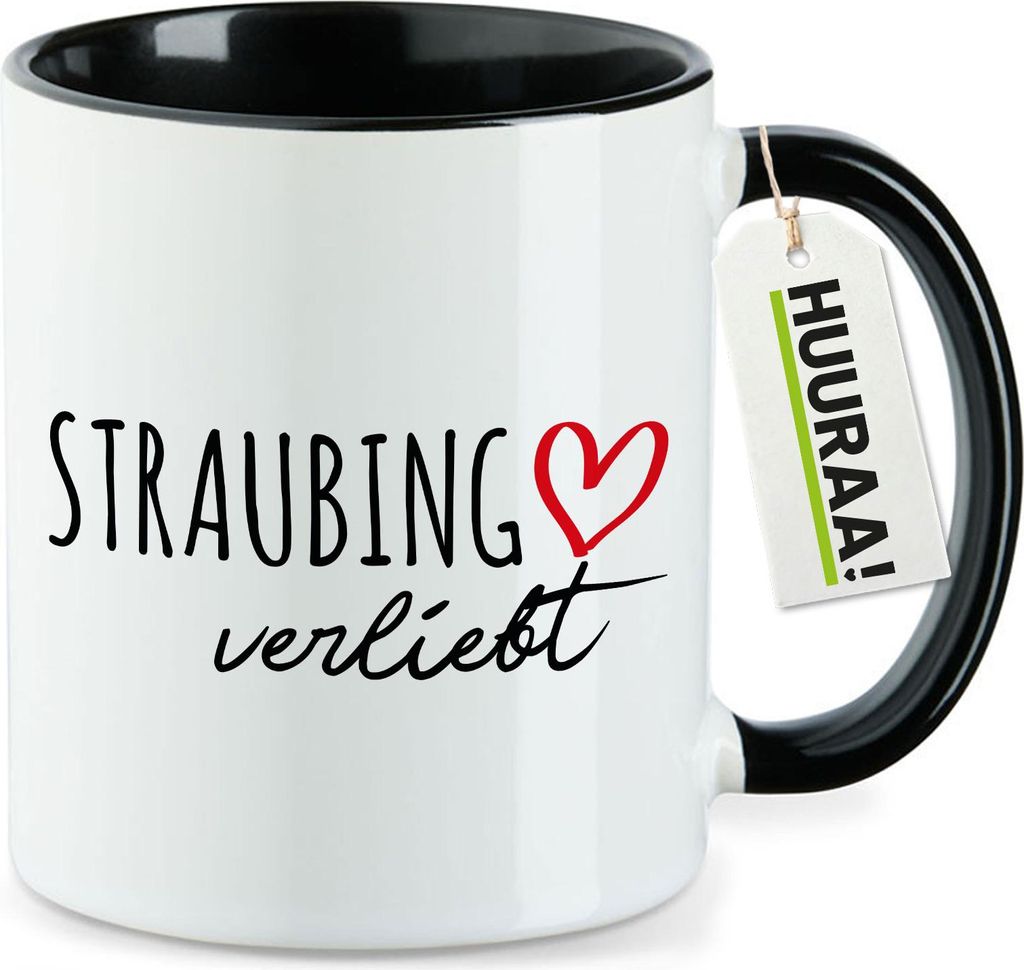 Huuraa Kaffeetasse Straubing verliebt 330ml Schwarz Keramik Kaffeebecher Geschenkidee