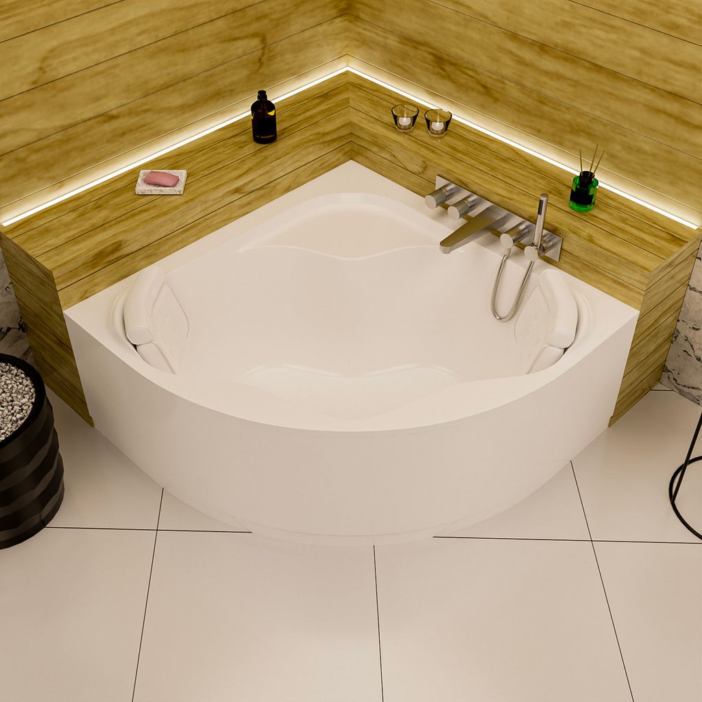 ECOLAM Badewanne Eckbadewanne Acrylwanne SELMA 150 x 150 cm Acrylschürze + 2 Kopfkissen Sole Eckwanne symmetrisch Acryl weiß Ablaufgarnitur Viega...