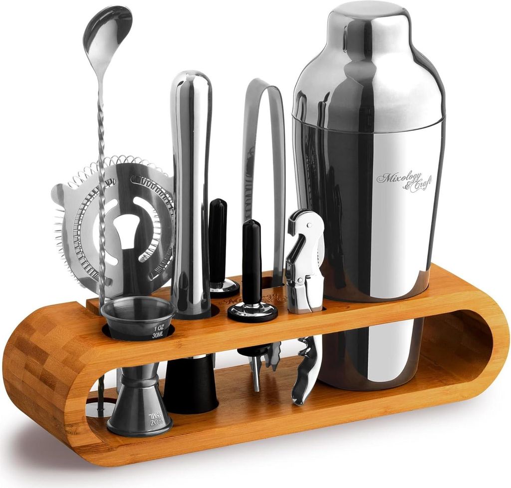 Silbernes Cocktailshaker-Set 10-teilig mit Bambusständer