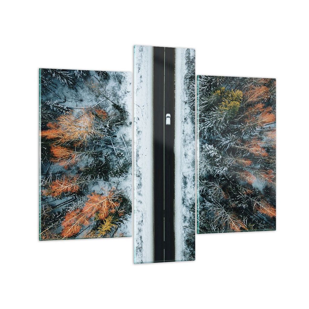 Bilder auf glas - 3 Teile - Wald Weg Schnee - 95x80cm - Glasbilder - Wandbilder - Bilder - Kunstdruck - zum Aufhängen bereit - Wanddekoration aus ...