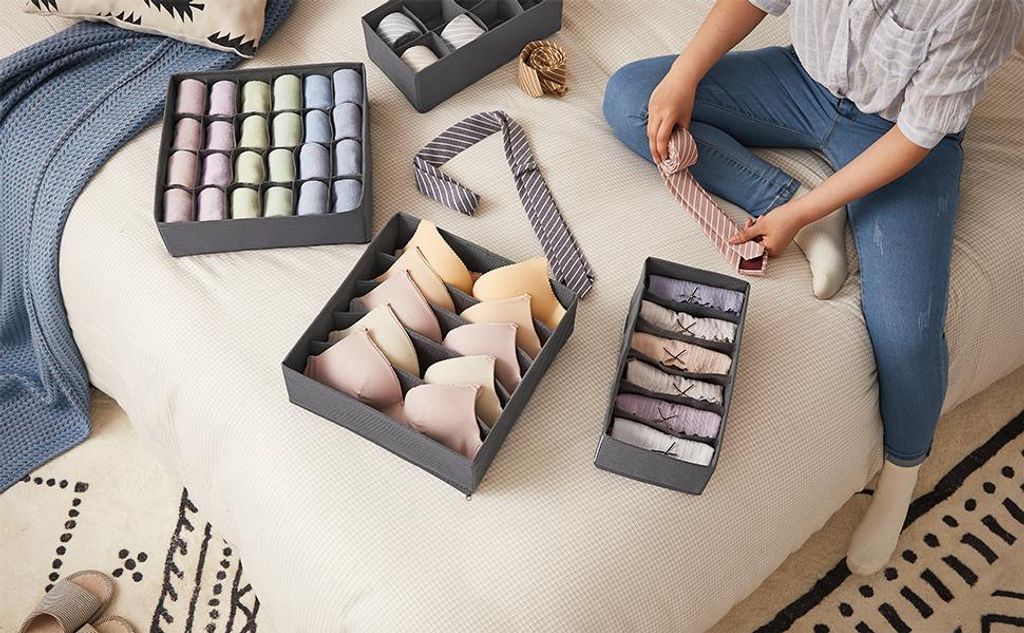 Unterwäsche-Organizer - Schubladen-Organizer Set 4-teilig - Faltbar - Kleiderschrank Aufbewahrungsboxen - Stoff Schubladenteiler - Grau