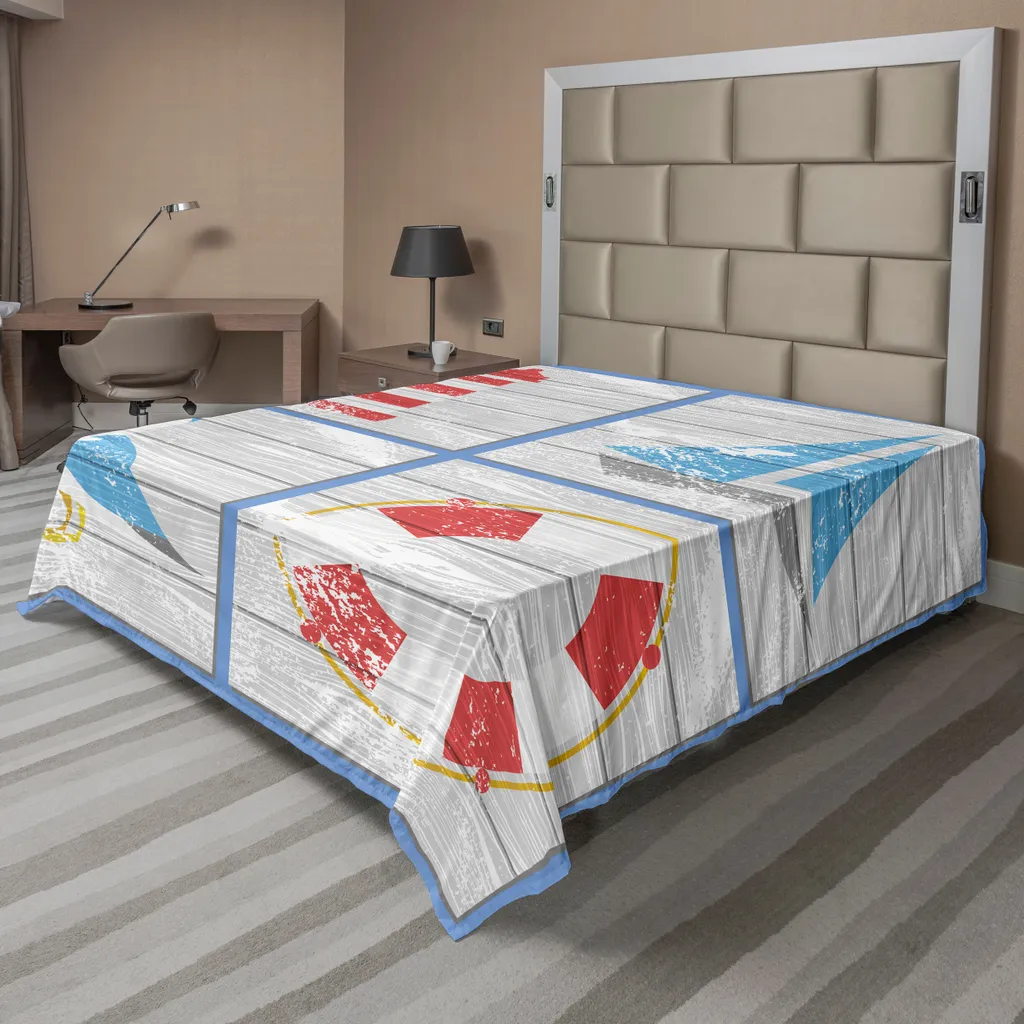 ABAKUHAUS Lenzuolo Seagulls, gabbiano, faro, salvagente e barca a vela, sfondo in legno, lenzuolo morbido e confortevole per un letto decorativo, 1 pezzo, 275 cm x 260 cm, multicolore