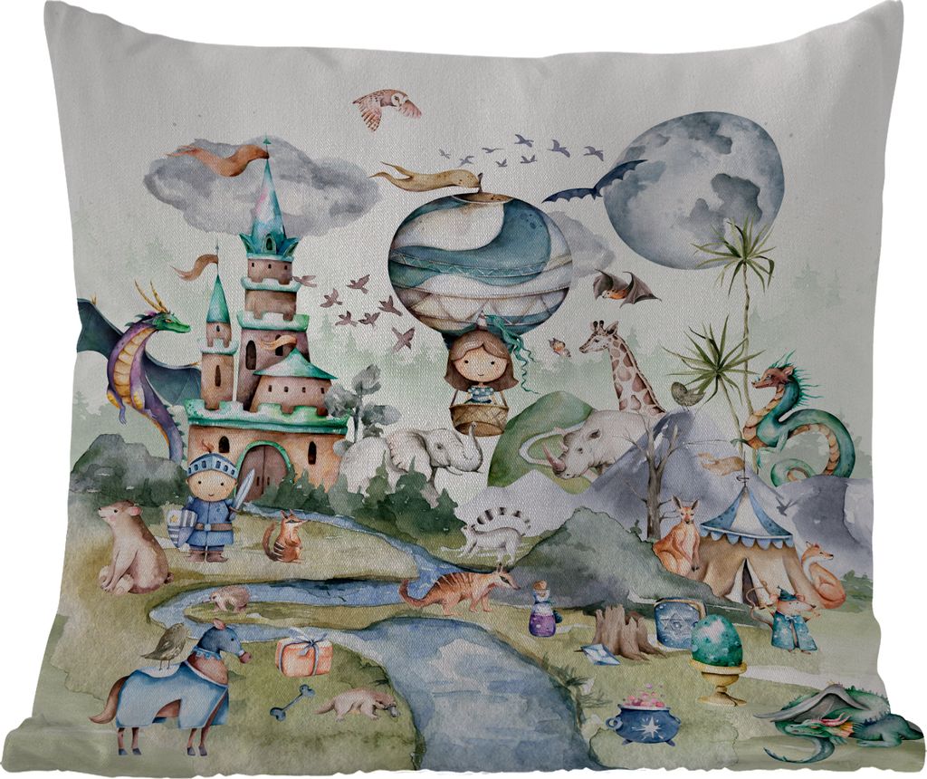 MuchoWow Outdoor Kissen - Kinder - Heißluftballon - Drache - Jungen - Burg - Aquarell - 45x45 cm - Wetterfest - Lounge Kissen - Fotokissen - Dek...