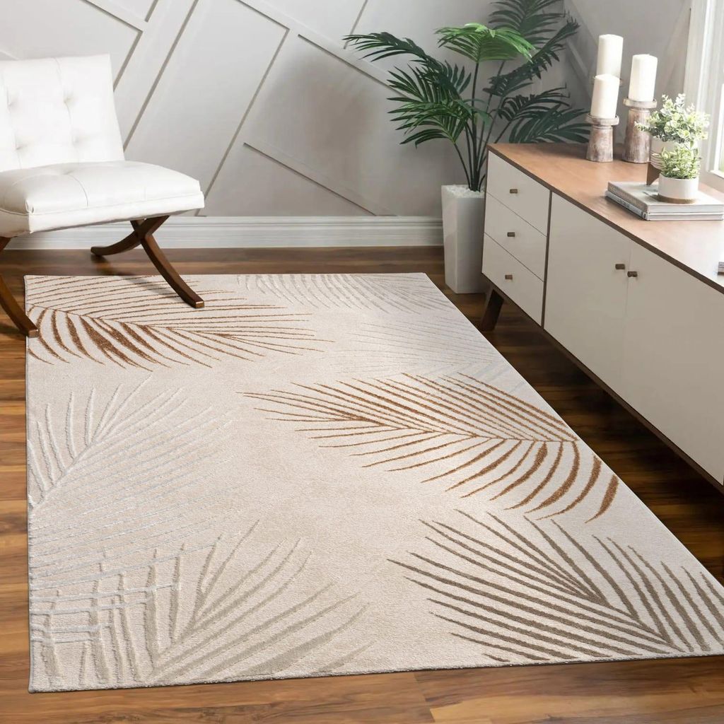 Teppich Kurzflor Blätter Wohnzimmer schmutzabweisend Beige Rechteckig 120x160 | 60% Polypropylen, 40% Polyester | Florhöhe: 11 mm | pflegeleicht