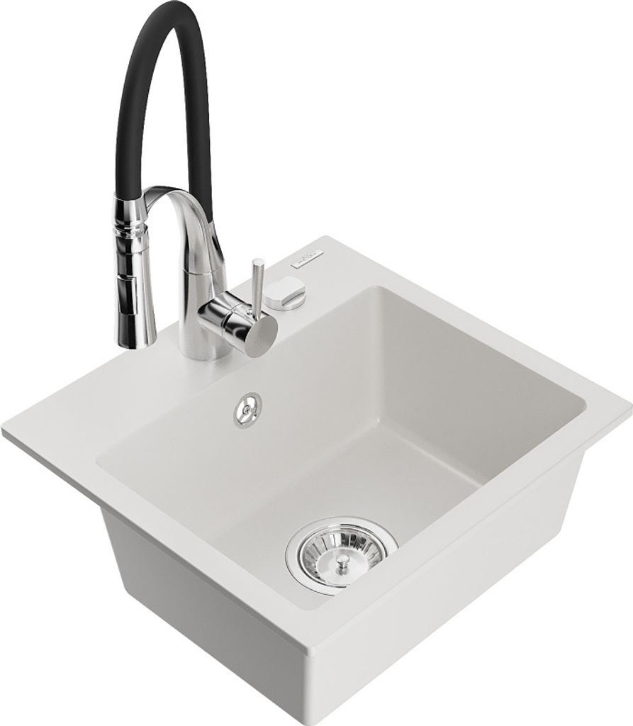 Mexen Milo 1-Becken-Granit-Spüle mit Mischbatterie Aster, Weiß - 6505-20-73450-07