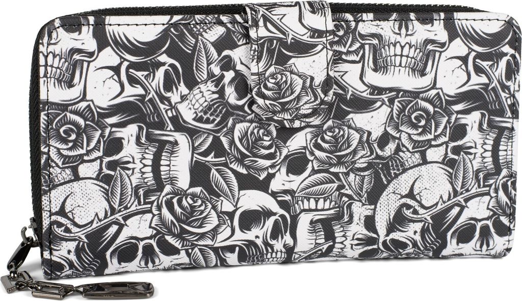 styleBREAKER Damen Geldbörse mit Allover Totenkopf Rosen Print, Reißverschluss und Druckknopf, Portemonnaie 02040151