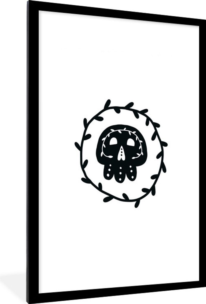 MuchoWow MuchoWow Gerahmtes Poster Totenkopf - Schwarz - Weiß - Halloween - Jungen - Mädchen - Baby 60x90 cm - Poster mit zchwarzem Bilderrah...