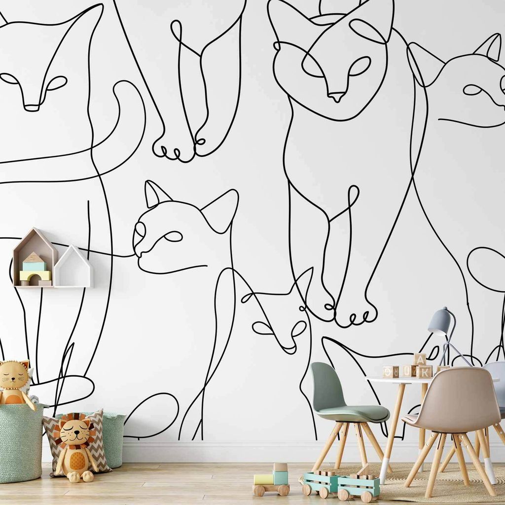 Vlies Fototapete - Cat lineart - minimalist sketches of black cats on white background 100x70 cm Tiere g-A-10035-a-b