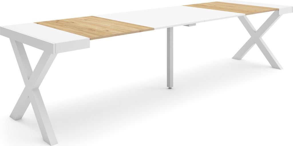Ausziehbarertisch, 302x90x73cm, Für 14 Gäste, Massivholz Beine, Eiche und weiß