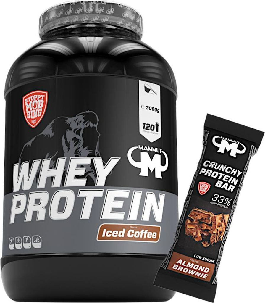 Mammut Nutrition - Whey Protein 3000 g Dose - 120 Portionen Eiweiß + GRATIS Protein Bar (Almond Brownie), Geschmack: Iced Coffee