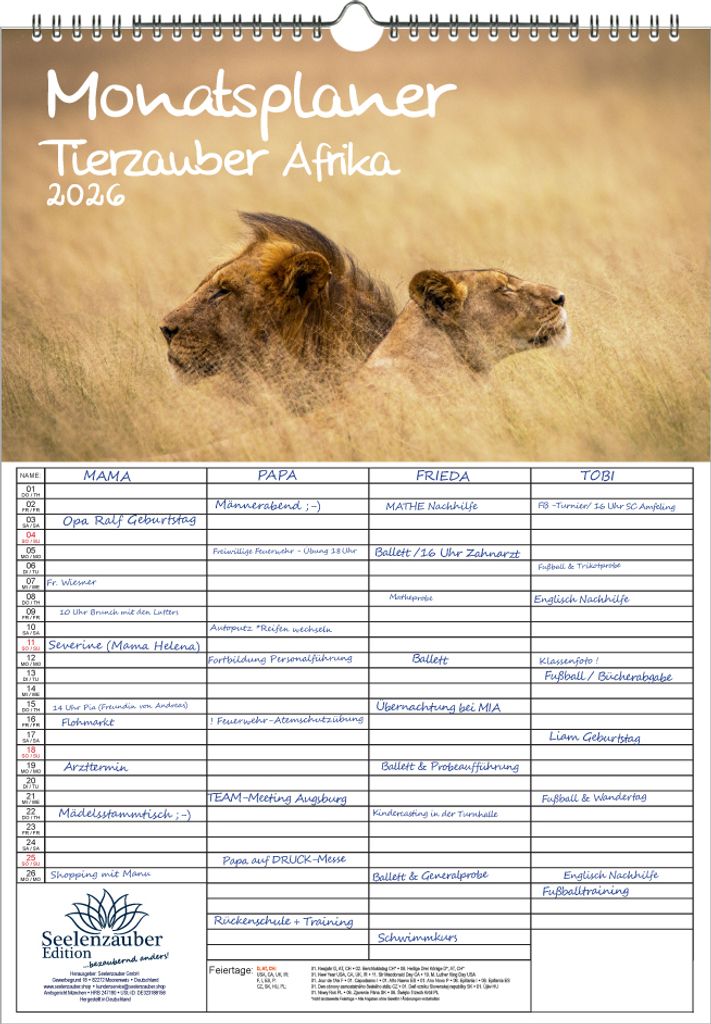 Tierzauber Afrika Planer Familienplaner 4 Spaltenplaner DIN A3 Kalender für 2026 verschiedene Tiere aus Afrika - Seelenzauber