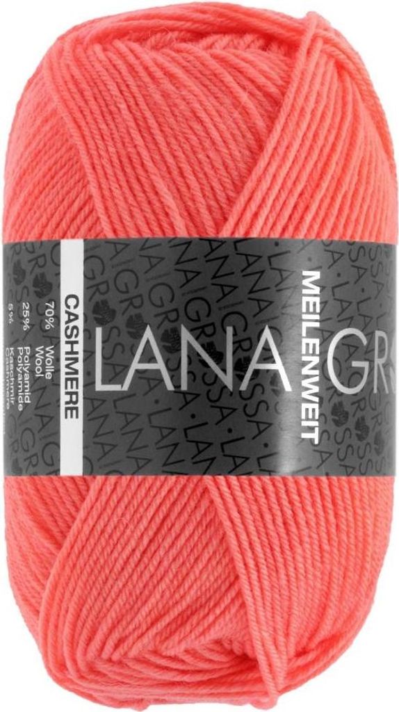 A ball of coral-colored yarn with a black label.